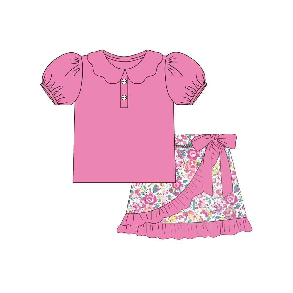 Preorder Baby Girl Short Sleeves Buttons Pink Tunic Flower Ruffle Bow Skort Set ( Moq 5 )