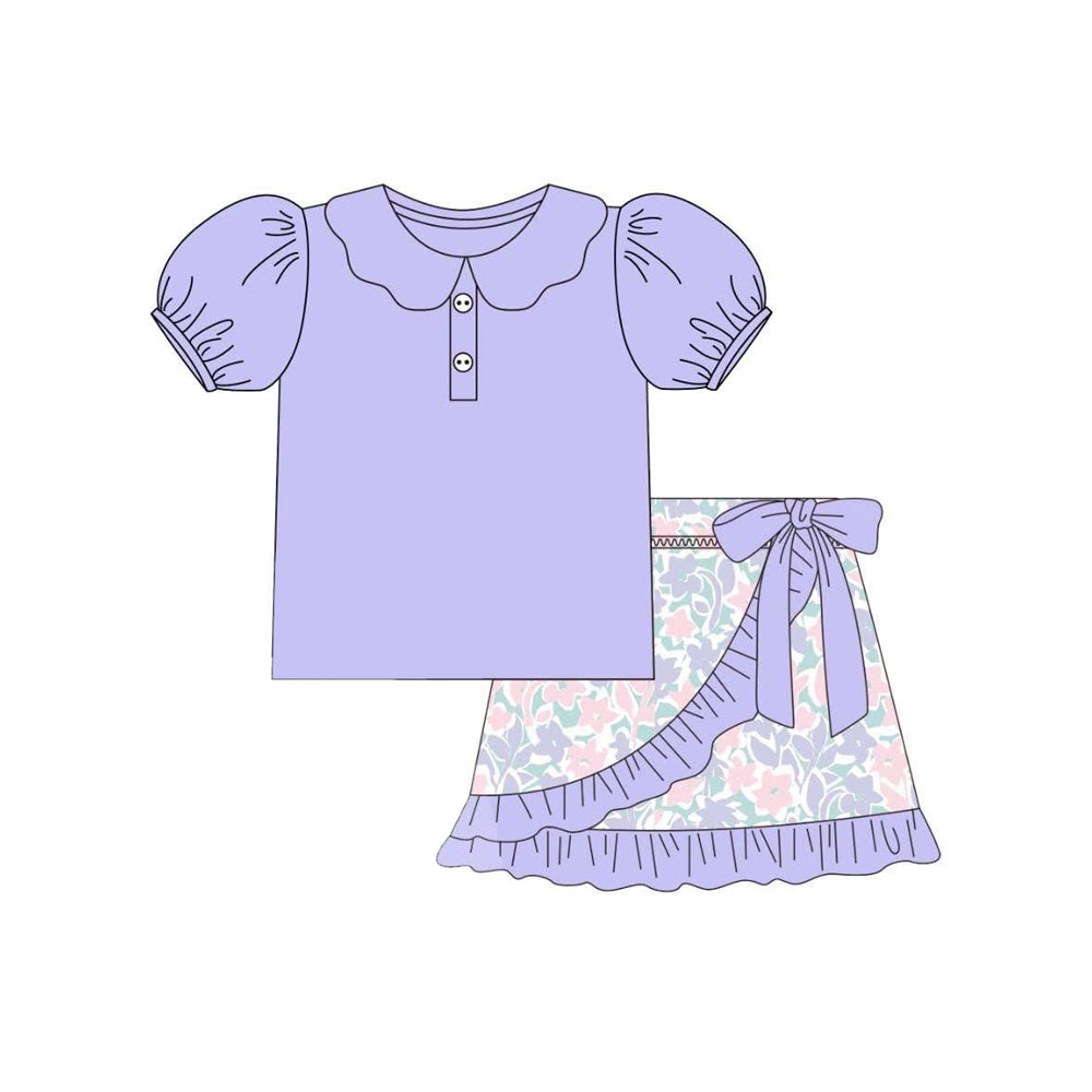Preorder Baby Girl Short Sleeves Buttons Purple Tunic Floral Ruffle Bow Skort Set ( Moq 5 )