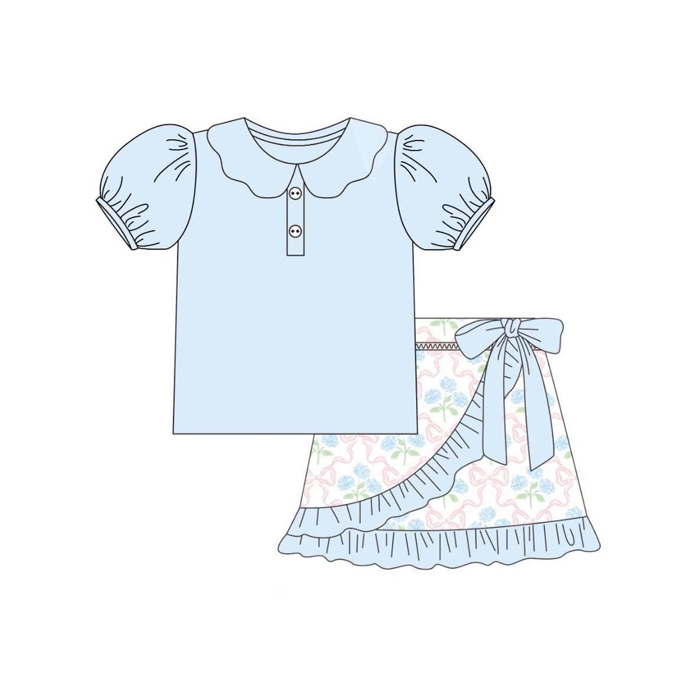 Preorder Baby Girl Short Sleeves Buttons Tunic Flower Bows Ruffle Skort Set ( Moq 5 )