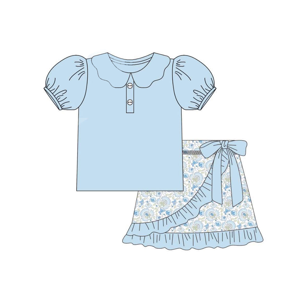 Preorder Baby Girl Short Sleeves Buttons Blue Tunic Flower Ruffle Bow Skort Set ( Moq 5 )