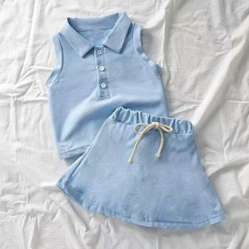 Preorder Baby Girl Sleeveless Buttons Shirt Skorts Yoga Active Blue Set ( Moq 5 )