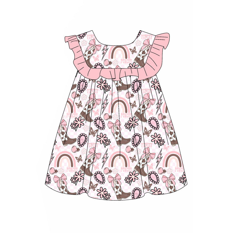 Preorder Baby Girl Western Boots Rainbow Bows Flower Knee Length Dress ( Moq 5 )