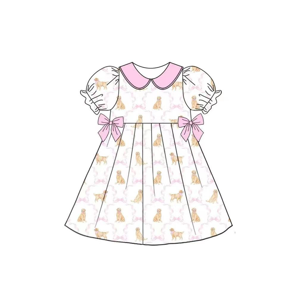 Preorder Baby Girl Short Sleeves Pink Bows Dogs Knee Length Dress ( Moq 5 )