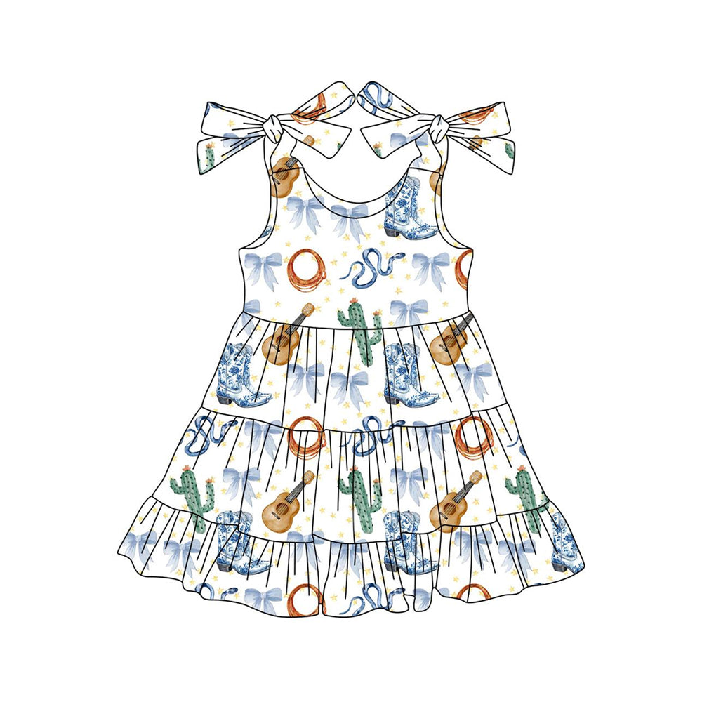 Preorder Baby Girl Straps Western Bows Boots Cactus Knee Length Dress ( Moq 5 )