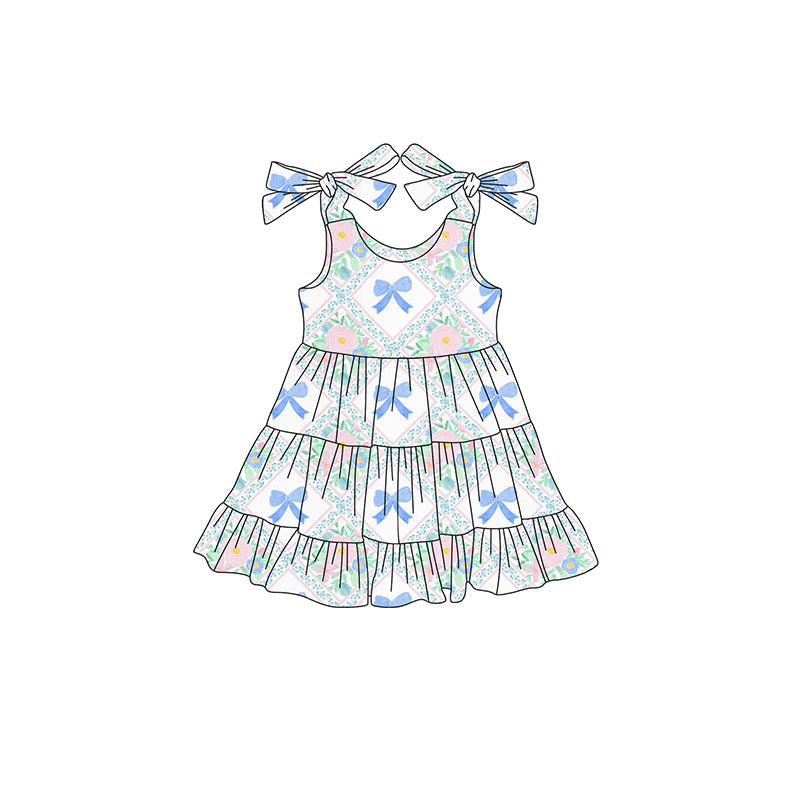 Preorder Baby Girl Straps Flower Bows Summer Knee Length Dress ( Moq 5 )