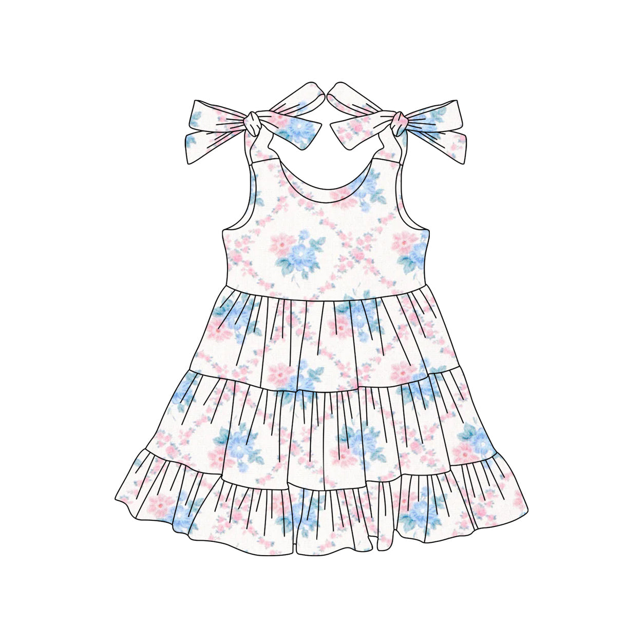 Preorder Baby Girl Straps Pink Blue Flower Summer Knee Length Dress ( Moq 5 )