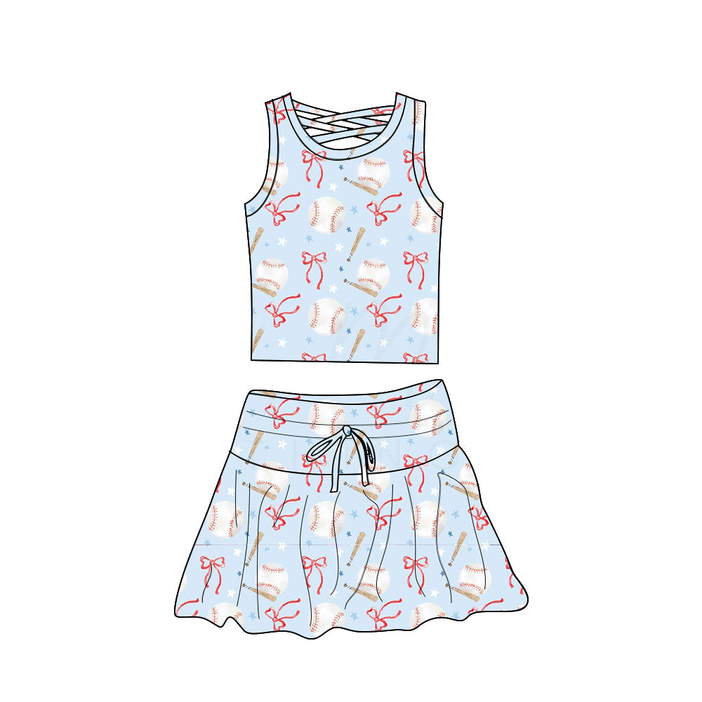 Preorder Baby Girl Sleeveless Bows Baseball Tops Skorts Yoga Active Set ( Moq 5 )
