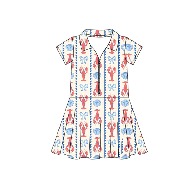 Preorder Baby Girl Short Sleeves Crayfish Bows Yoga Active Zipper Knee Length Dress ( Moq 5 )