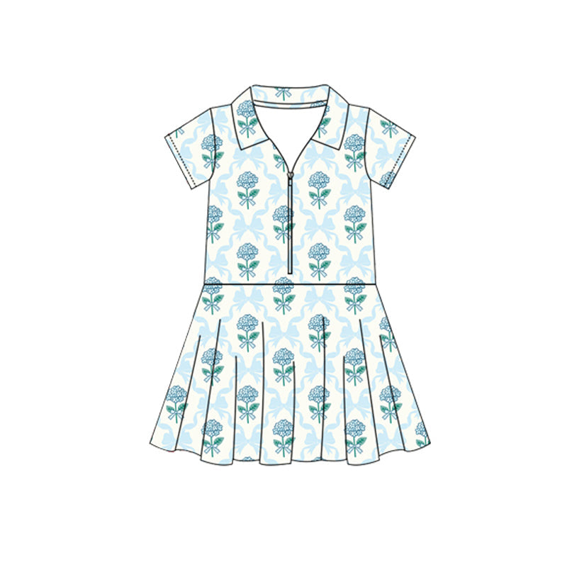 Preorder Baby Girl Short Sleeves Bows Flower Zipper Yoga Active Knee Length Dress ( Moq 5 )