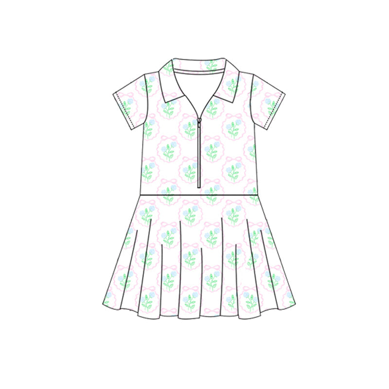 Preorder Baby Girl Short Sleeves Bows Flower Yoga Active Zipper Knee Length Dress ( Moq 5 )