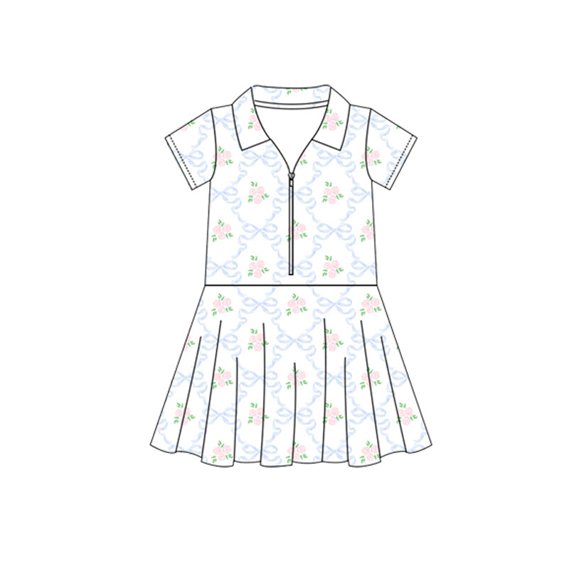 Preorder Baby Girl Short Sleeves Blue Bows Flower Yoga Active Zipper Knee Length Dress ( Moq 5 )