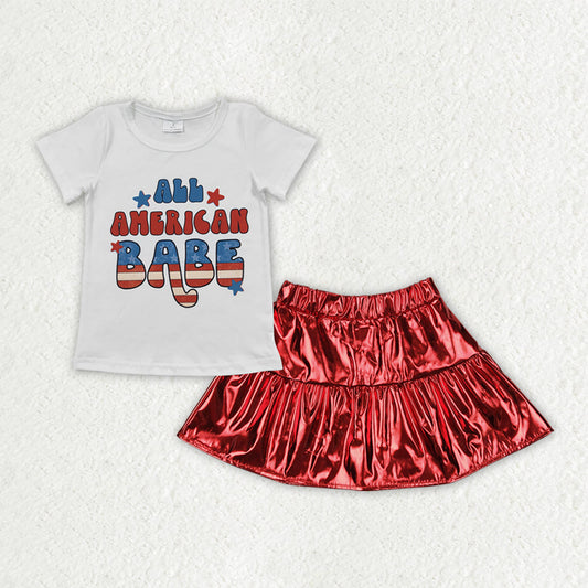 Baby Girl Short Sleeves 4th Of July Shirt Red Leather Skirt Clothes Set RTS