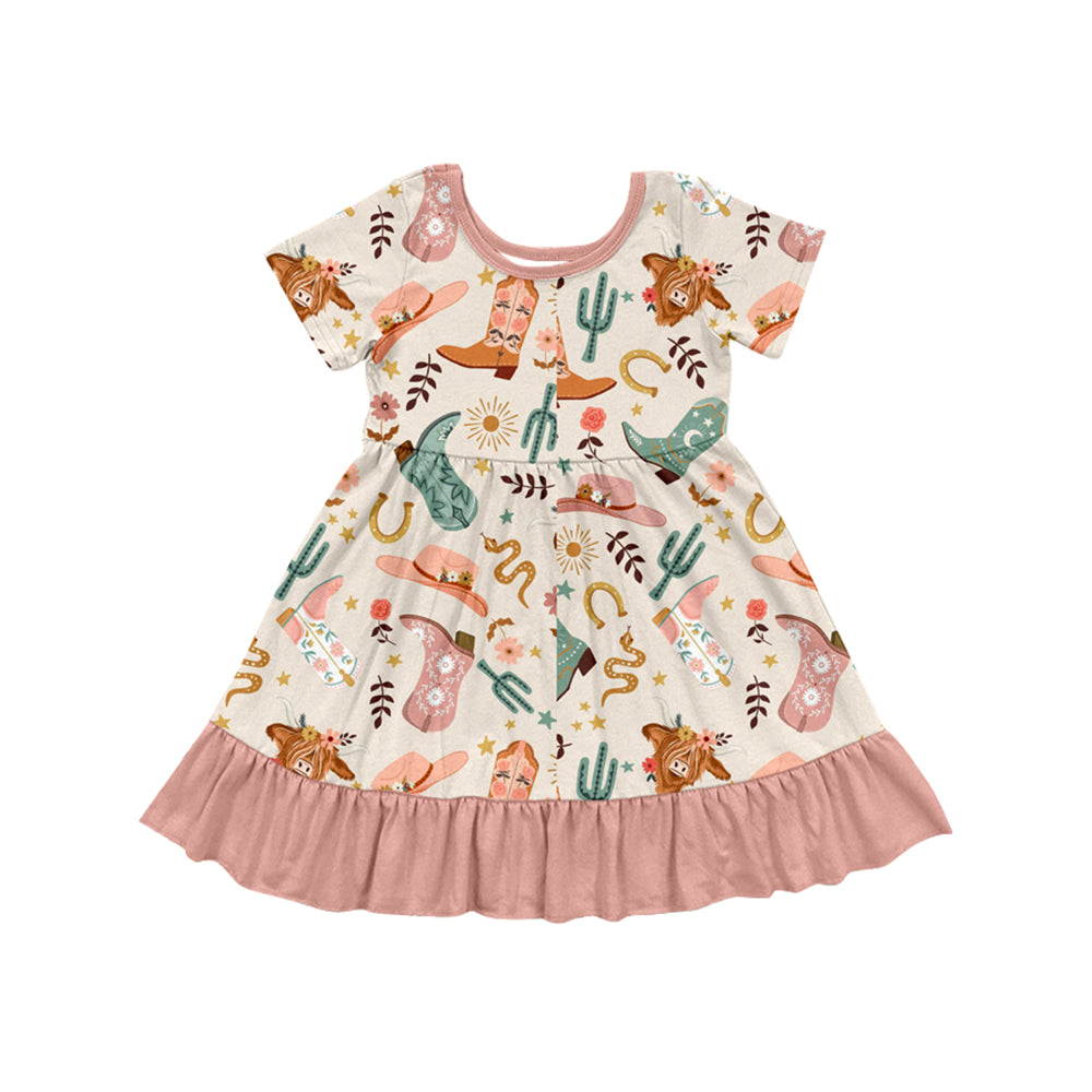 Preorder Baby Girl Short Sleeves Western Cows Boots Knee Length Dress ( Moq 5 )