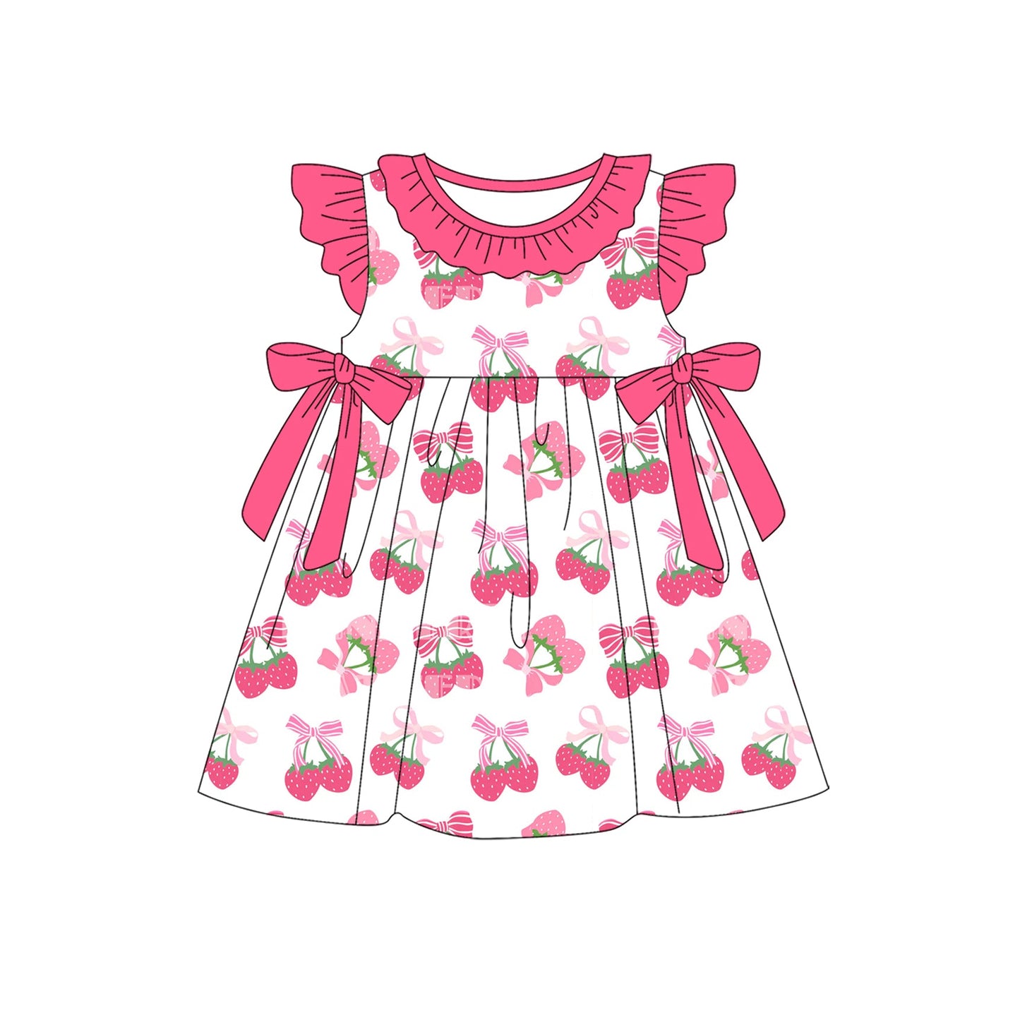 Preorder Baby Girl Short Sleeves Pink Bows Strawberry Knee Length Ruffle Dress ( Moq 5 )