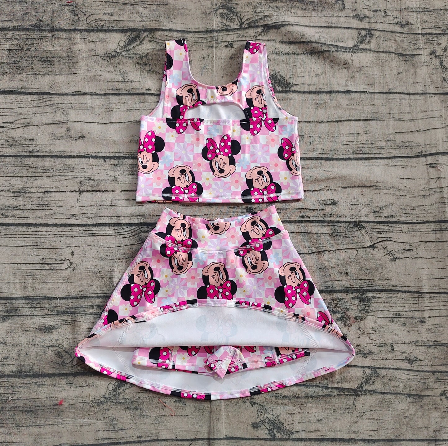 Baby Girl Sleeveless Mouse Flower Checked Tops Skorts Yoga Active Set RTS