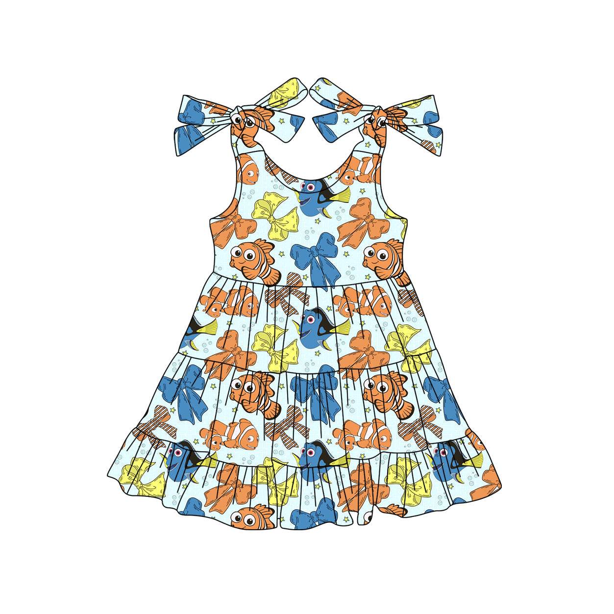 Baby Girl Straps Fish Bows Knee Length Dress RTS