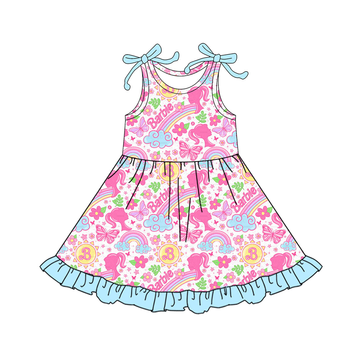 Baby Girl Straps Flower Rainbow Dolls Knee Length Dress RTS