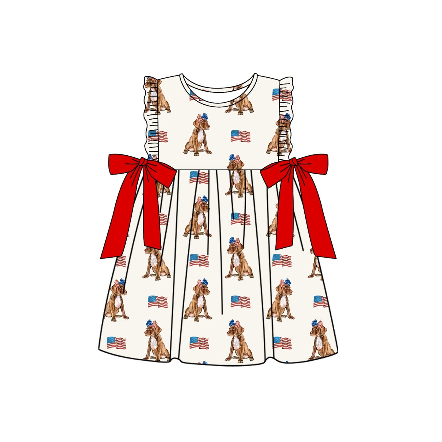 Preorder Baby Girl Dogs Flags Bows 4th Of July Knee Length Dress ( Moq 5 )