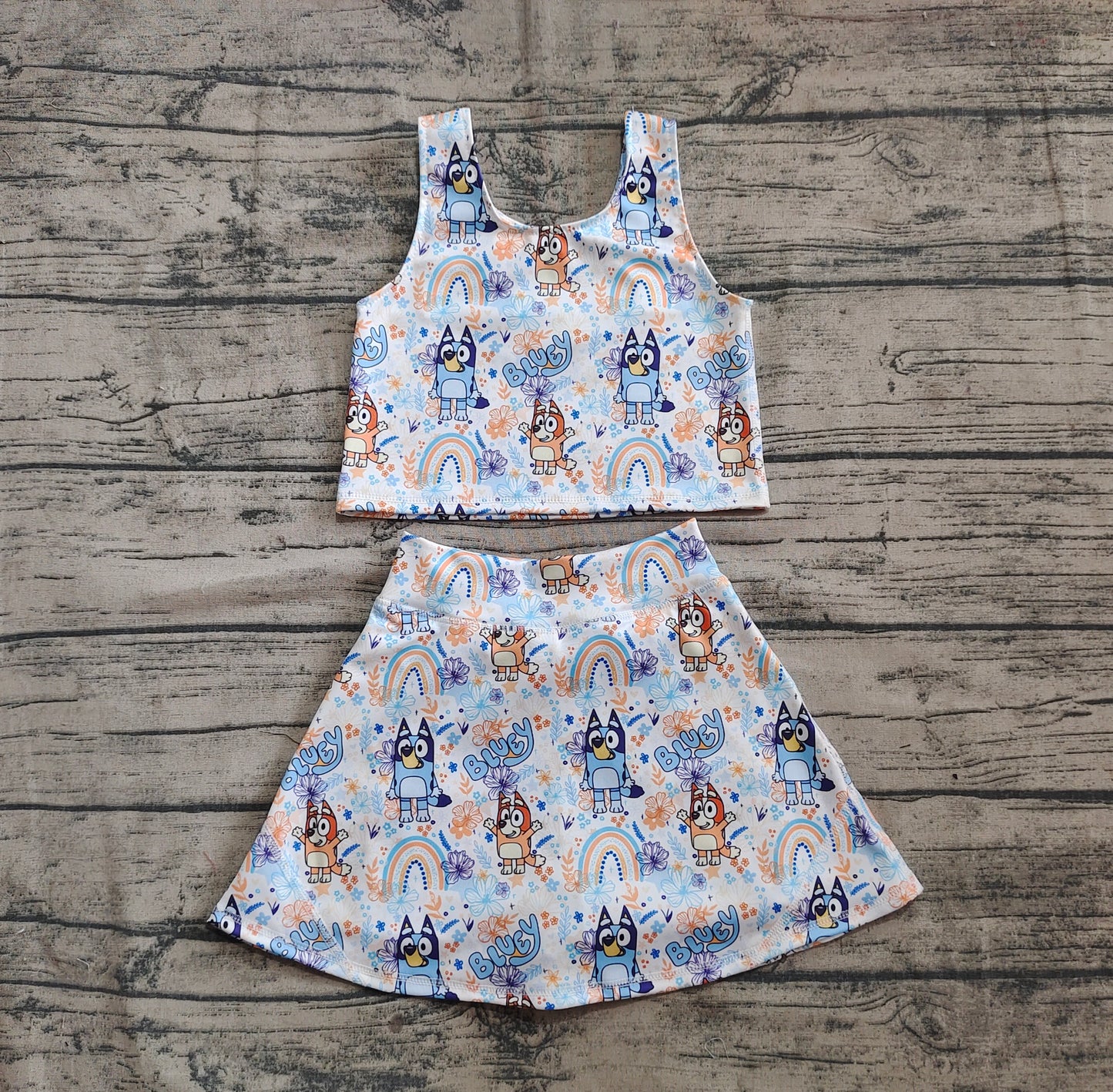 Baby Girl Sleeveless Dogs Rainbow Flower Tops Skort Yoga Active Set RTS