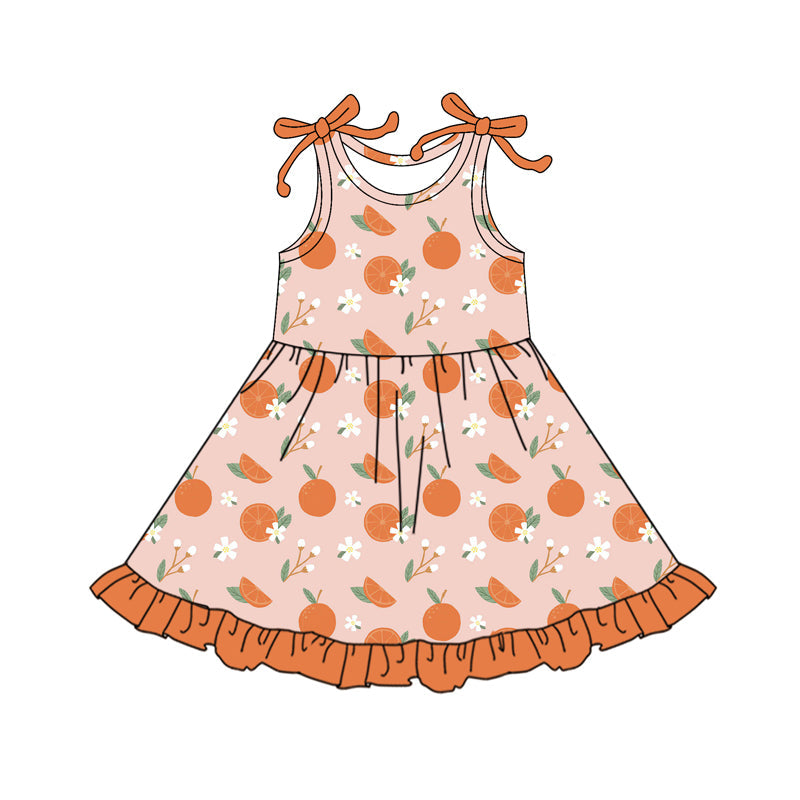 Preorder Baby Girl Bows Straps Orange Flower Knee Length Dress ( Moq 5 )