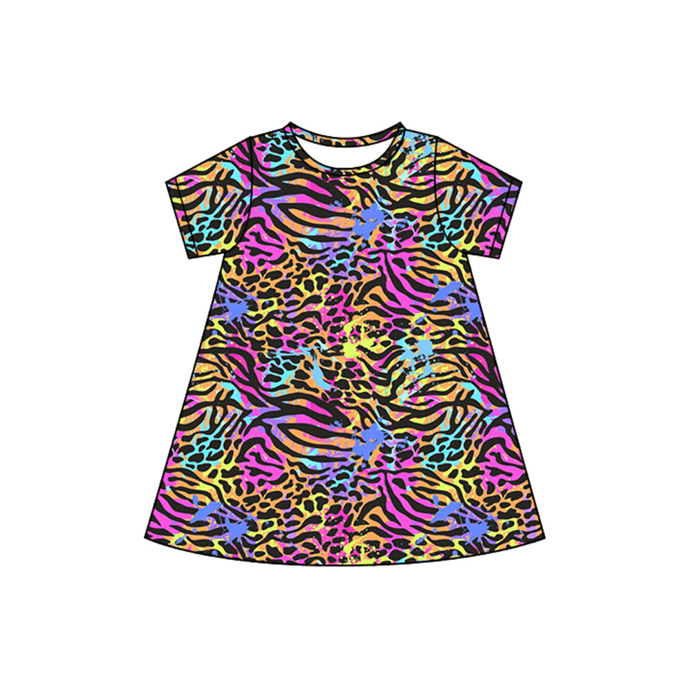 Preorder Baby Girls Short Sleeves Colorful Leopard Knee Length Dress ( Moq 5 )