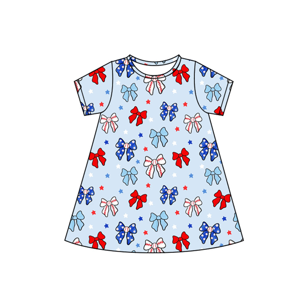 Preorder Baby Girl Short Sleeves Bows Stars 4th Of July Knee Length Dress ( Moq 5 )