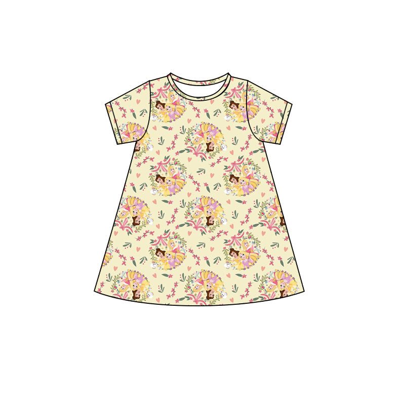 Preorder Baby Girl Yellow Short Sleeves Flower Princess Knee Length Dresses ( Moq 5 )