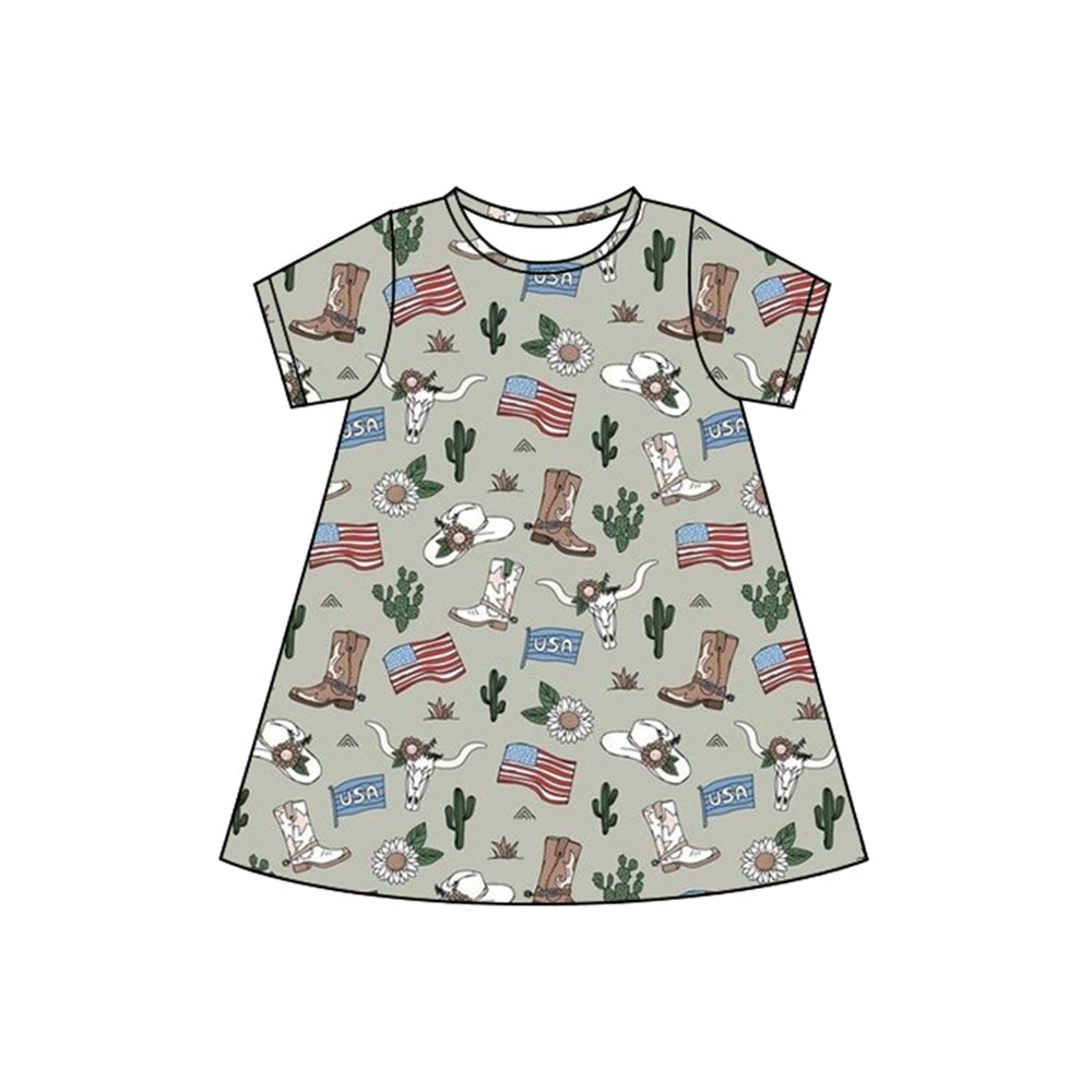 Preorder Baby Girl Short Sleeves Flags Boots 4th Of July Knee Length Dress ( Moq 5 )