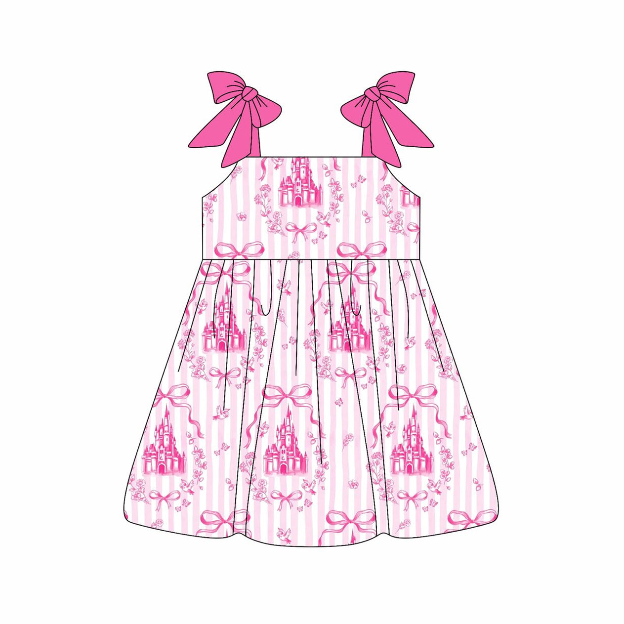 Preorder Baby Girl Straps Castles Bows Knee Length Pink Dress ( Moq 5 )