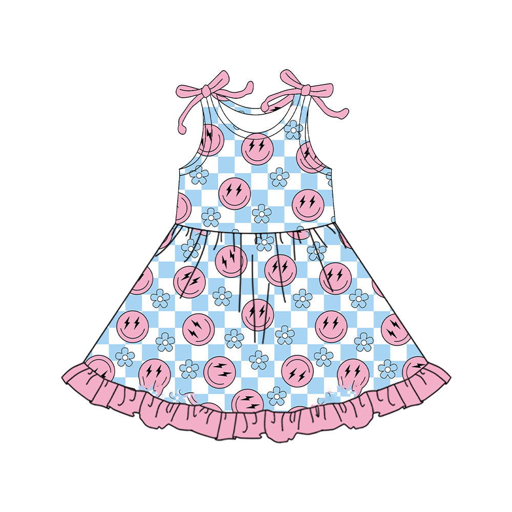 Preorder Baby Girl Straps Smile Flower Checked Knee Length Dress ( Moq 5 )