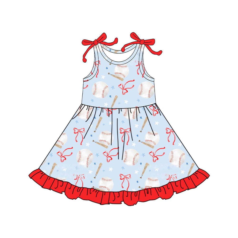 Preorder Baby Girl Sleeveless Bows Baseball Knee Length Ruffle Dress ( Moq 5 )
