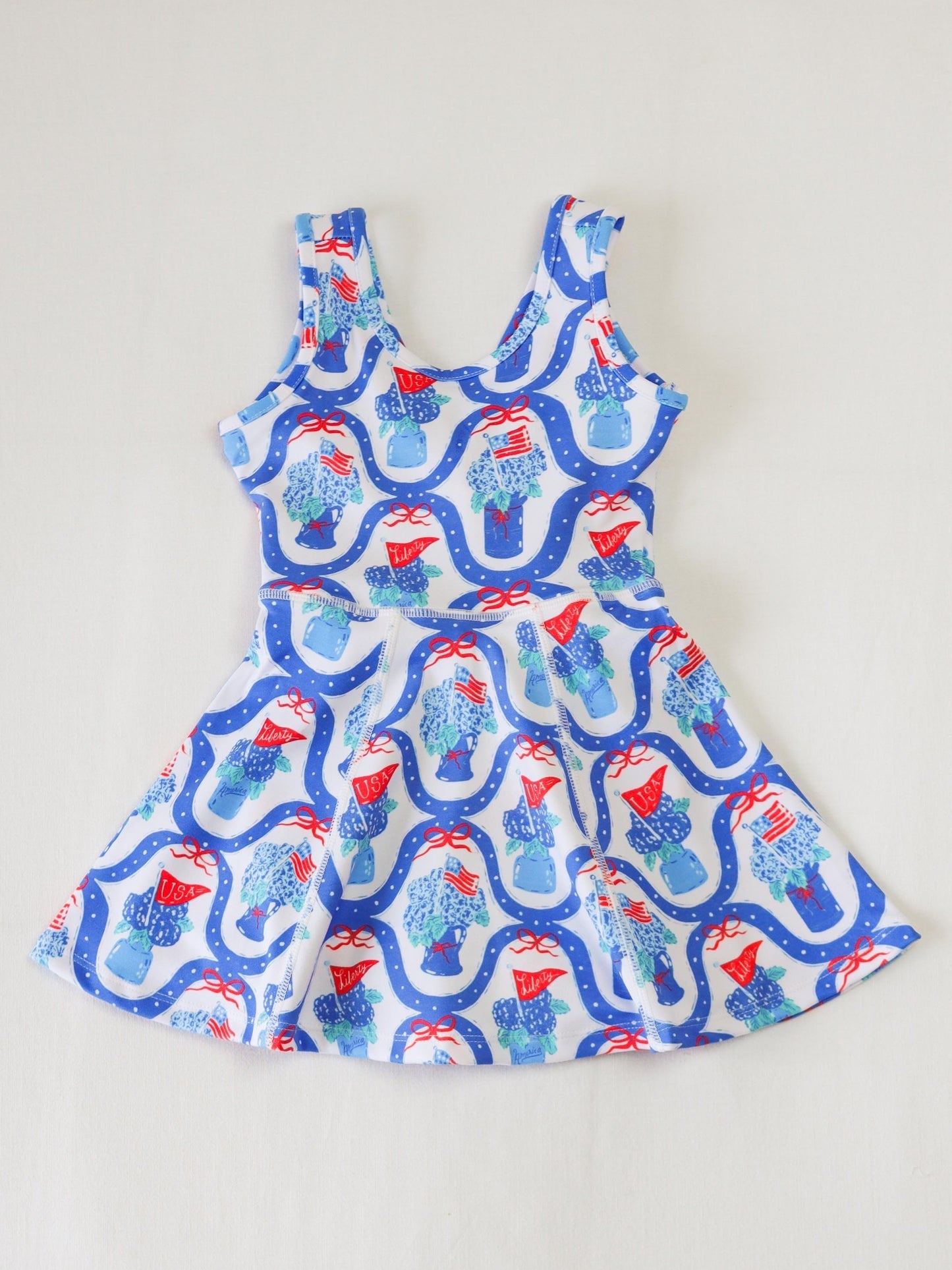 Preorder Baby Girl Sleeveless Flower Flags 4th Of July Yoga Knee Length Dress ( Moq 5 )
