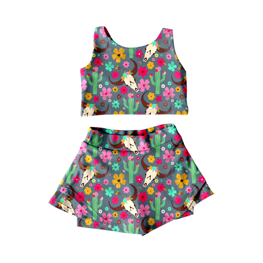 Preorder Baby Girl Sleeveless Flower Cow Tops Shorts Skort Yoga Active Western Outfit ( Moq 5 )