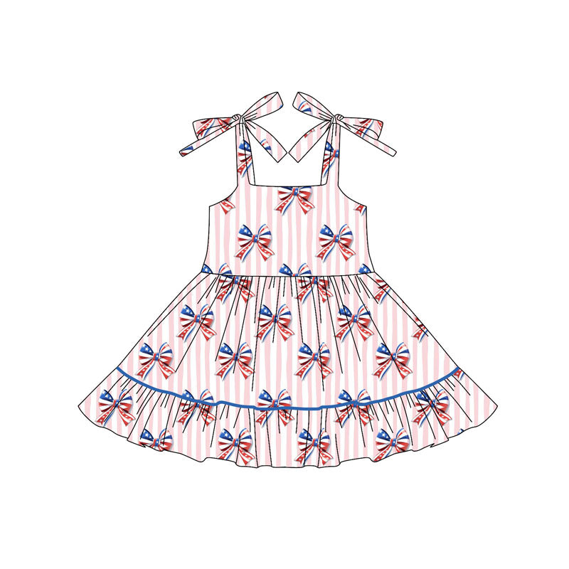 Preorder Baby Girl Straps Stripes Bows 4th Of July Knee Length Dress ( Moq 5 )