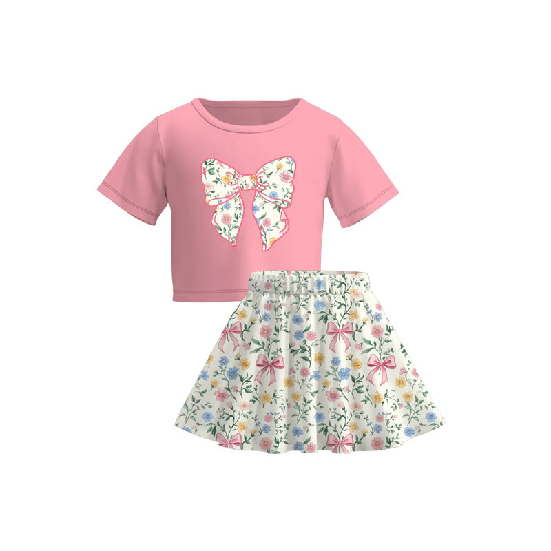 Preorder Baby Girl Pink Short Sleeves Bow Shirt Flower Skorts Set ( Moq 5 )