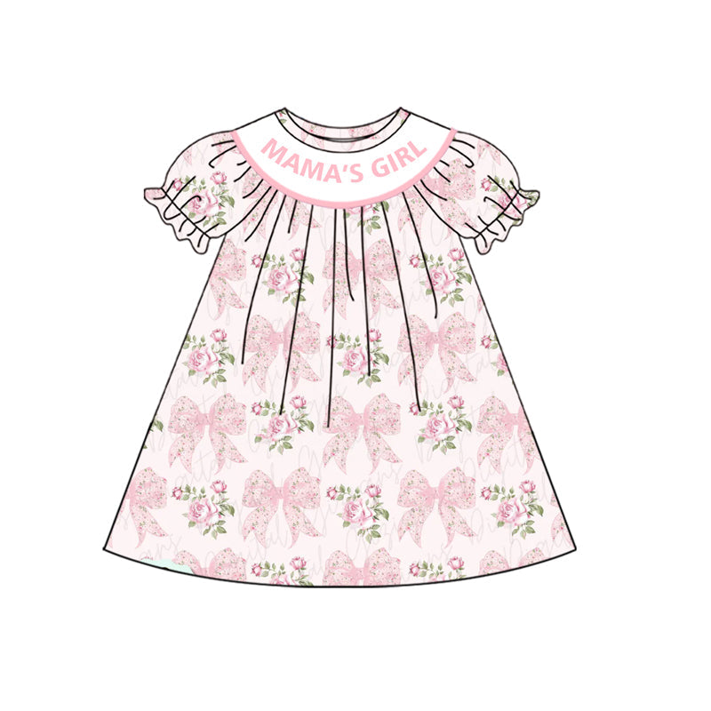Preorder Baby Girl Short Sleeves Mama's Bows Flower Knee Length Pink Dress ( Moq 5 )