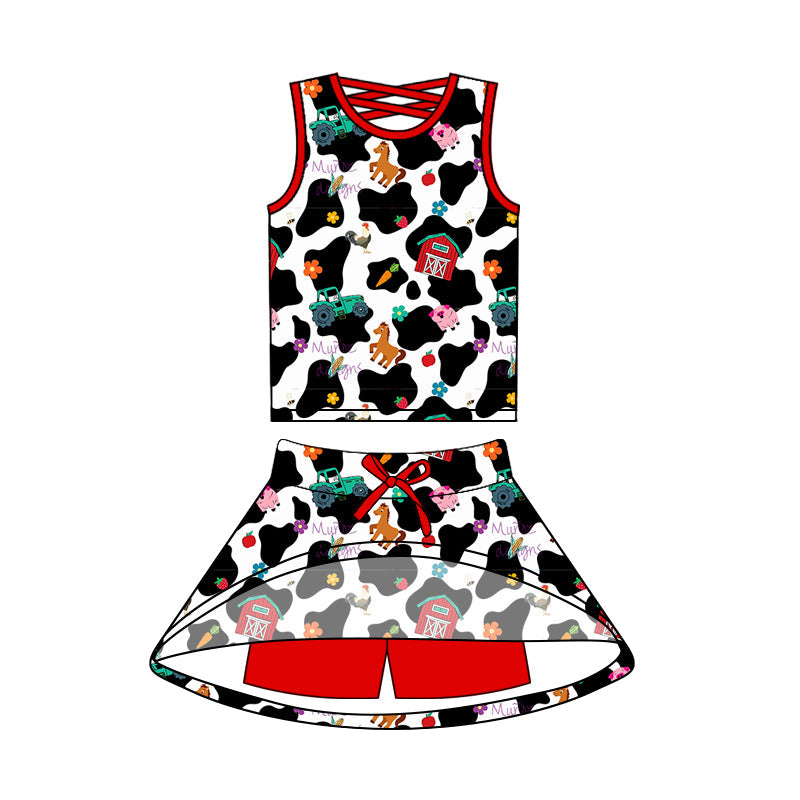 Preorder Baby Girl Sleeveless Farm Animals Trucks Tops Skort Set ( Moq 5 )