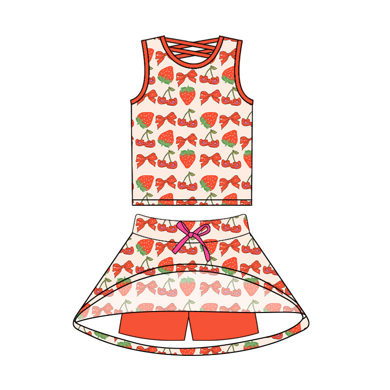 Preorder Baby Girl Sleeveless Bows Strawberry Tops Skort Set ( Moq 5 )