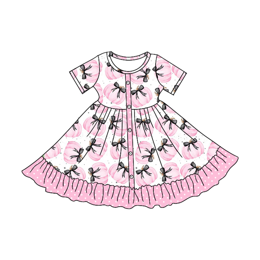 Preorder Baby Girl Short Sleeves Pink Pumpkins Bows Knee Length Dress ( Moq 5 )