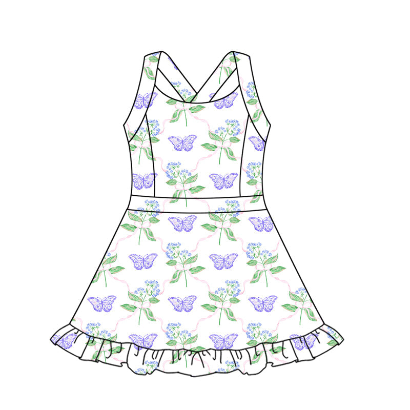 ( Moq 5 ) Preorder Baby Girl Straps Lavender Butterfly Flower Activity Wear Yoga Knee Length Dress
