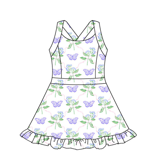 ( Moq 5 ) Preorder Baby Girl Straps Lavender Butterfly Flower Activity Wear Yoga Knee Length Dress