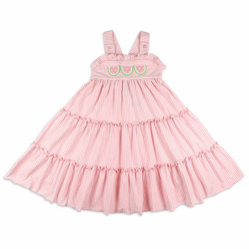 ( Moq 5 ) Preorder Baby Girl Straps Watermelon Pink Stripes Summer Knee Length Dress