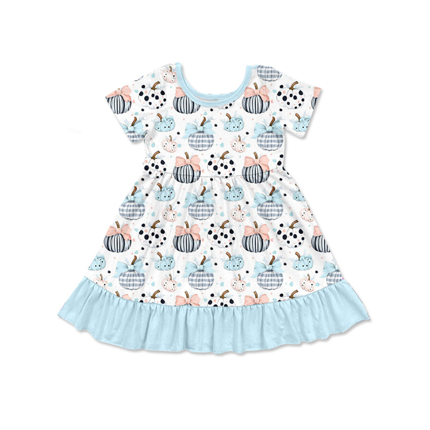 ( Moq 5 ) Preorder Baby Girl Short Sleeves Bows Pumpkins Blue Ruffle Dresses