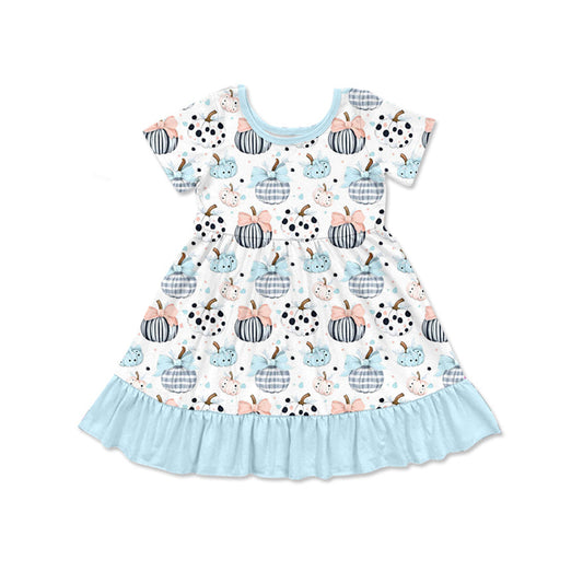 ( Moq 5 ) Preorder Baby Girl Short Sleeves Bows Pumpkins Blue Ruffle Dresses