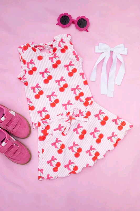 ( Moq 5 ) Preorder Baby Girl Sleeveless Cherry Bows Tops Pockets Shorts Skirt Skort Set