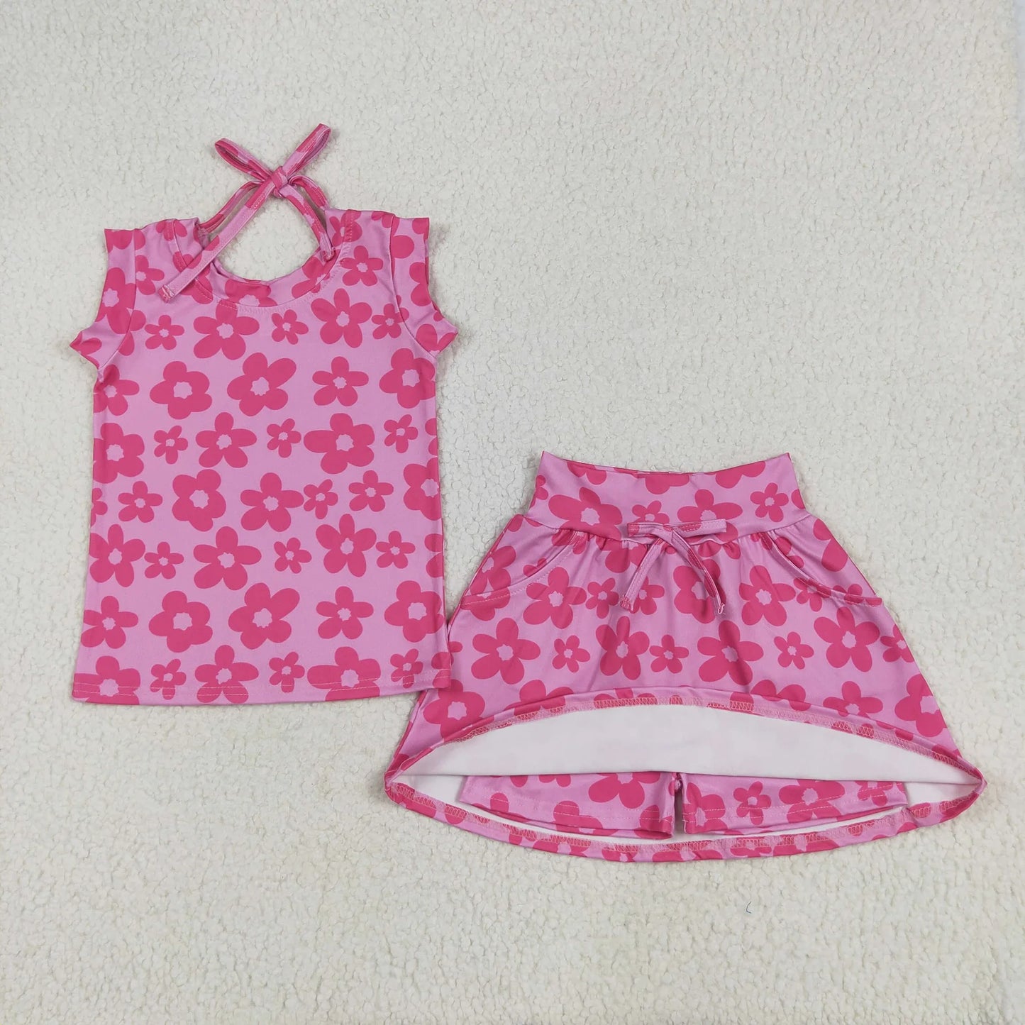 Baby Girl Sleeveless Flower Checked Tops Pockets Skort Pink Set Sibling Summer Clothes RTS