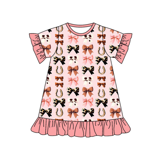 ( Moq 5 ) Preorder Baby Girl Short Sleeves Western Bows Ruffle Knee Length Dress