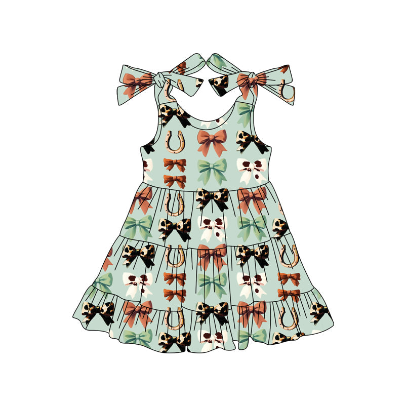 ( Moq 5 ) Preorder Baby Girl Straps Western Bows Knee Length Green Dress