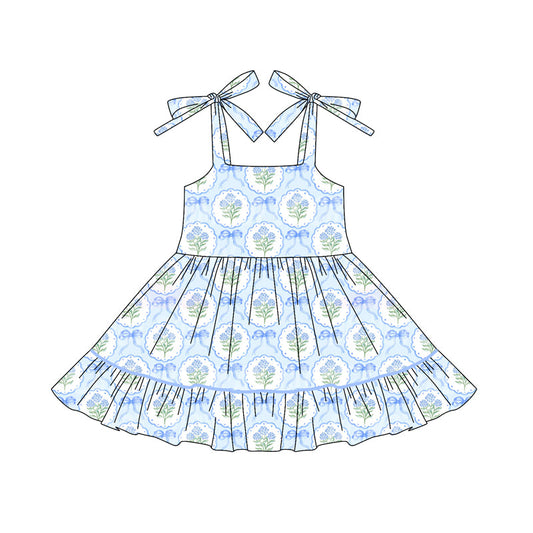 ( Moq 5 ) Preorder Baby Girl Blue Straps Bows Flower Knee Length Dress