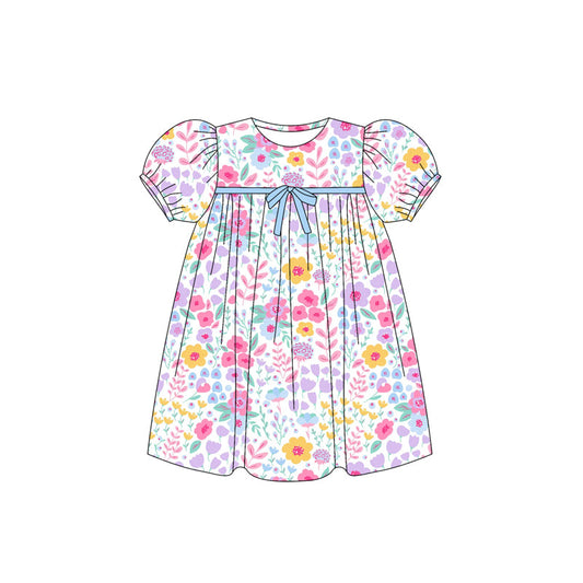 ( Moq 5 ) Preorder Baby Girl Short Sleeves Floral Bow Knee Length Dress